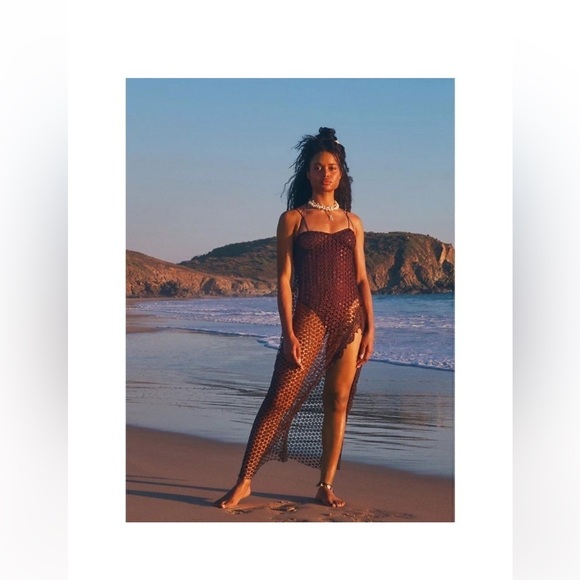 Free People Brown Crochet Asymmetrical Beach Cover Up Dress Boho Resort Small - Picture 10 of 14